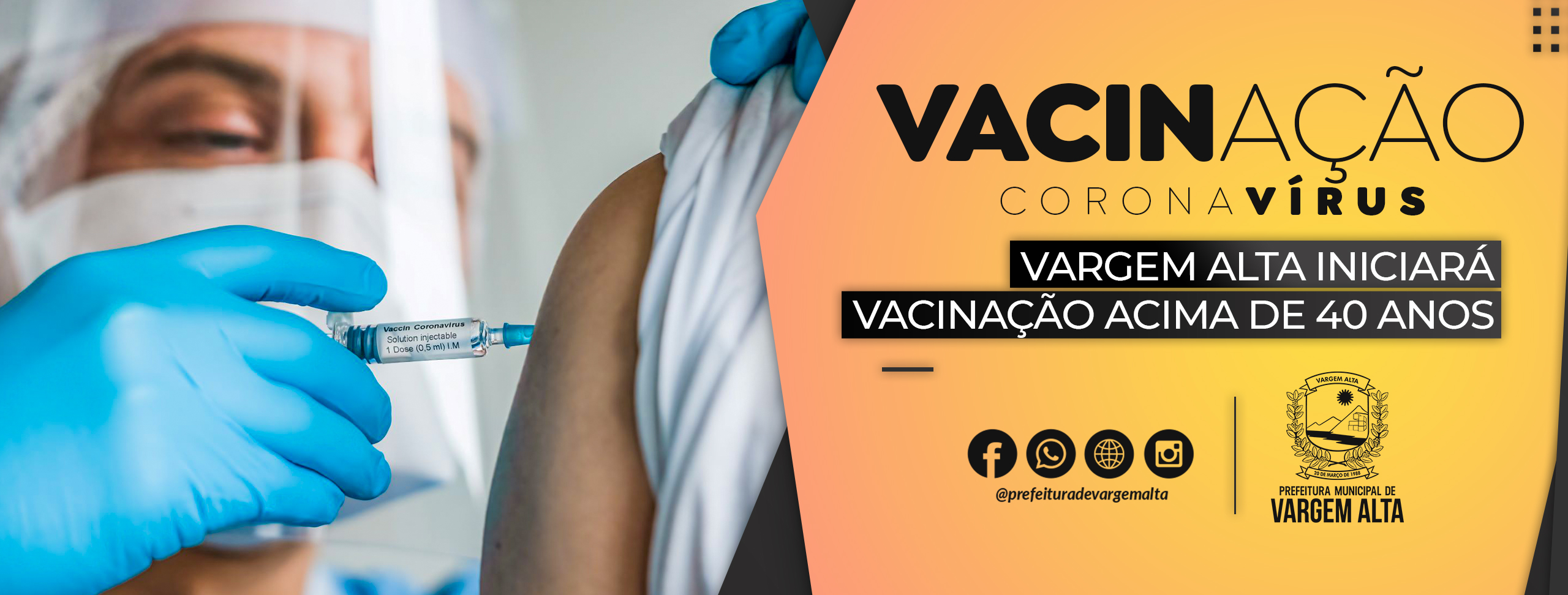 Vargem Alta iniciará vacinação contra Covid-19 de pessoas acima de 40 anos e mantém cobertura para 45 anos ou mais